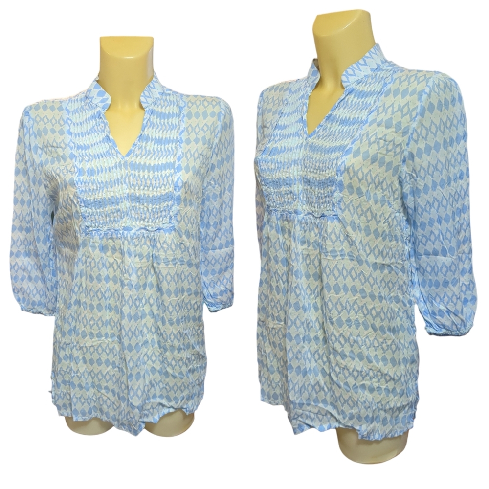🌹3/15🌹THREE ISLANDS Blue and White Diamond Patterned Lightweight Tunic